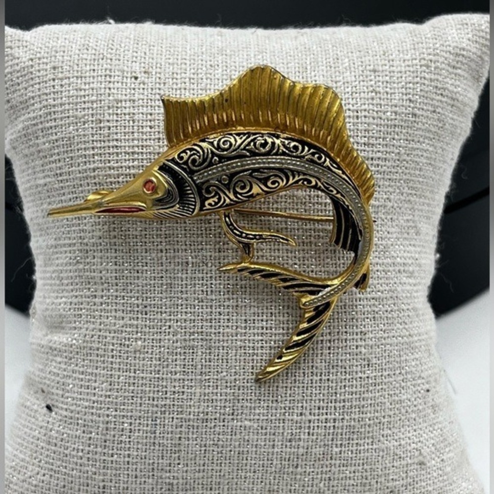 Vintage Spanish Pin Brooch Damascene Swordfish Fish Gold Tone Black Enamel